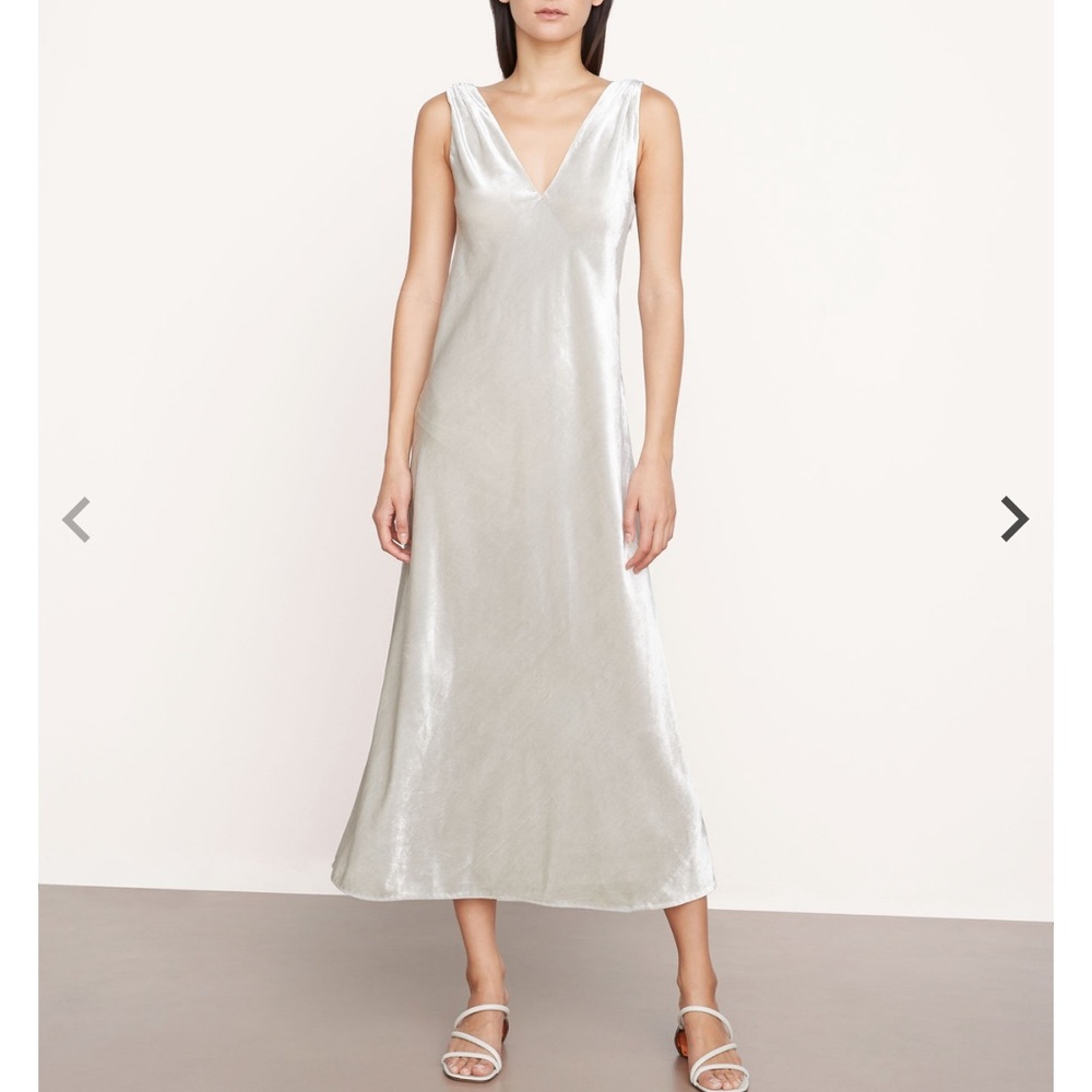 NWT Vince Ruched V-Neck Sleeveless Silver Maxi Dress